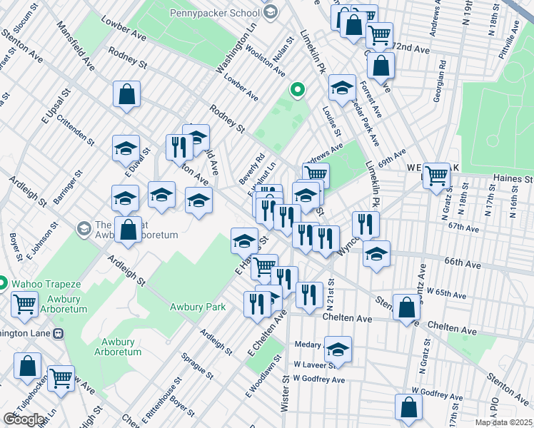 map of restaurants, bars, coffee shops, grocery stores, and more near 6624 Cornelius Street in Philadelphia