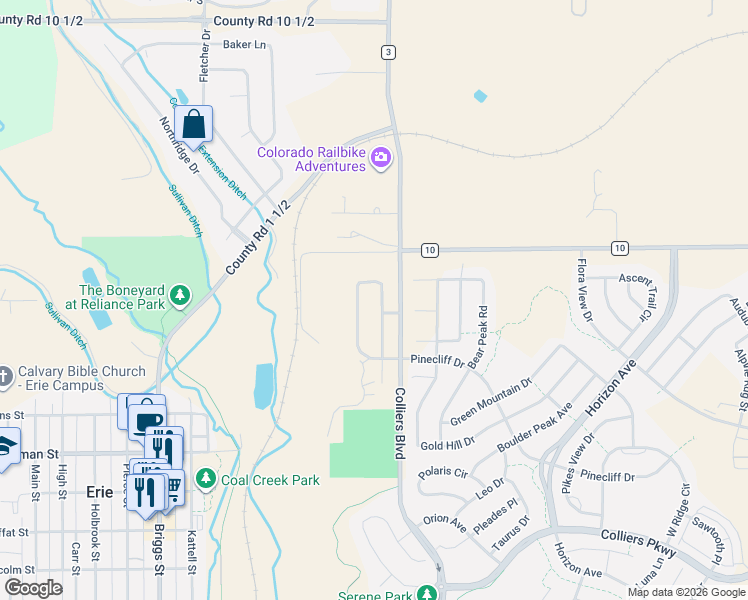 map of restaurants, bars, coffee shops, grocery stores, and more near 4039 County Road 3 in Erie