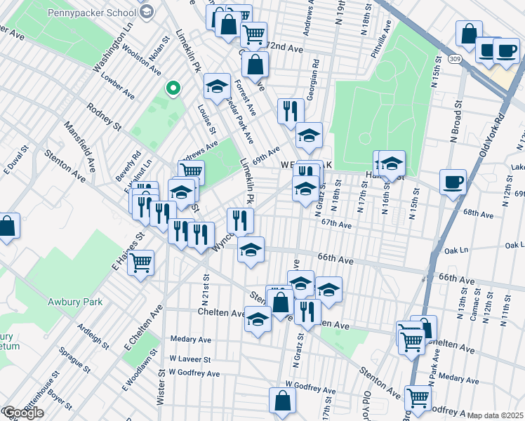 map of restaurants, bars, coffee shops, grocery stores, and more near 6717 Wyncote Avenue in Philadelphia