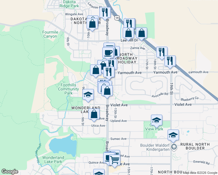 map of restaurants, bars, coffee shops, grocery stores, and more near 4520 Broadway in Boulder