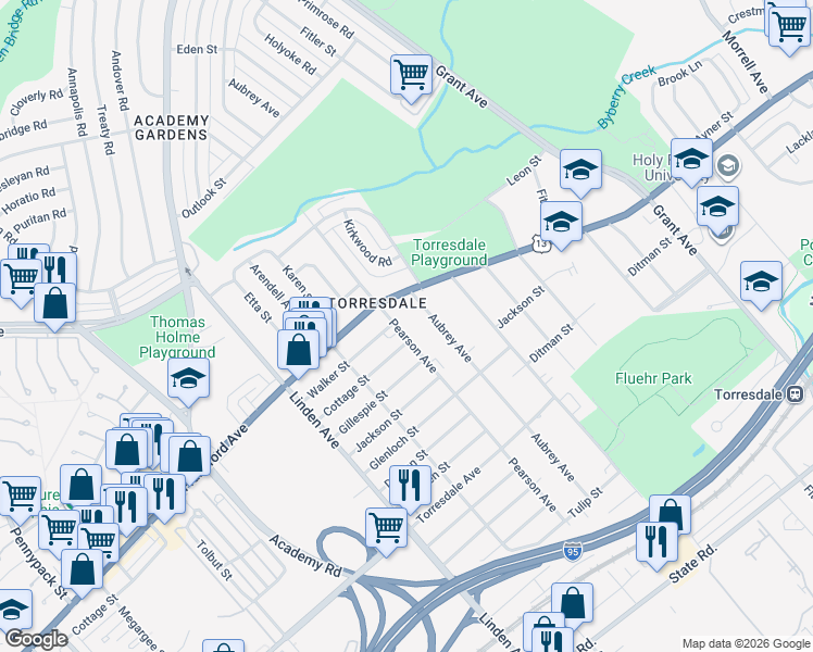 map of restaurants, bars, coffee shops, grocery stores, and more near 4400 Pearson Avenue in Philadelphia