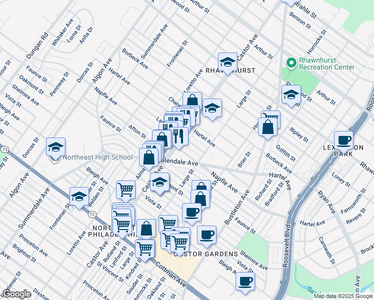 map of restaurants, bars, coffee shops, grocery stores, and more near 2015 Napfle St in Philadelphia