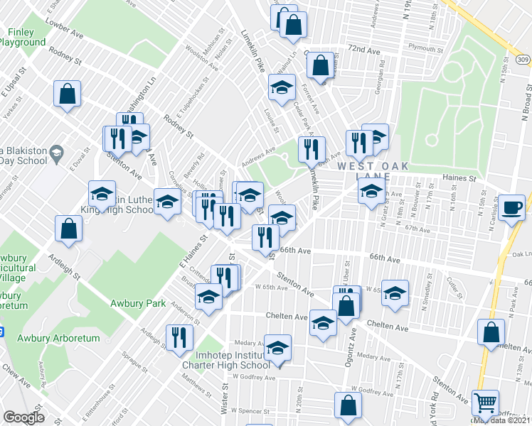 map of restaurants, bars, coffee shops, grocery stores, and more near 6809 Rodney Street in Philadelphia