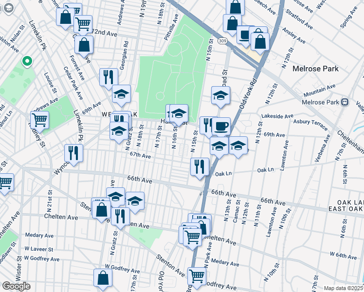 map of restaurants, bars, coffee shops, grocery stores, and more near 6732 North Sydenham Street in Philadelphia