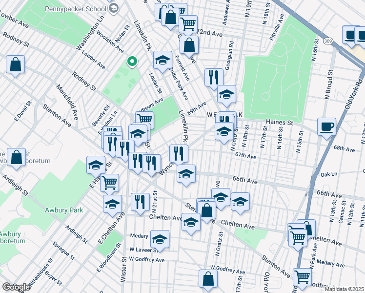 map of restaurants, bars, coffee shops, grocery stores, and more near 6716 Limekiln Pike in Philadelphia