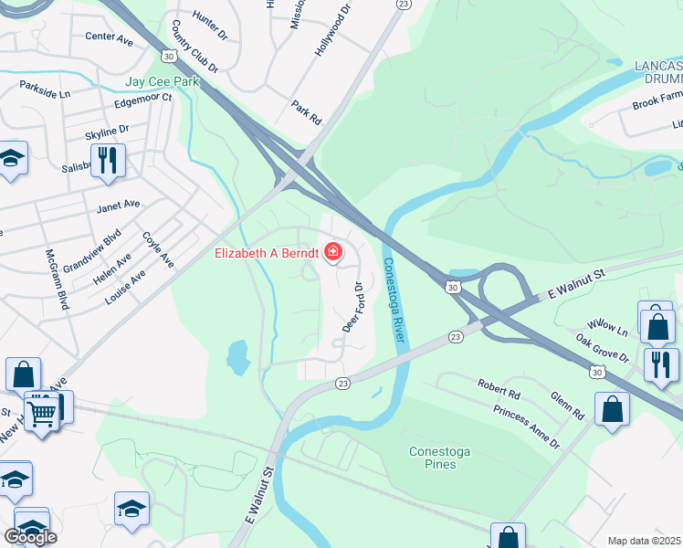 map of restaurants, bars, coffee shops, grocery stores, and more near 151 Deer Ford Drive in Lancaster