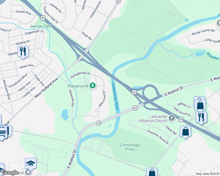 map of restaurants, bars, coffee shops, grocery stores, and more near 64 Deer Ford Drive in Lancaster