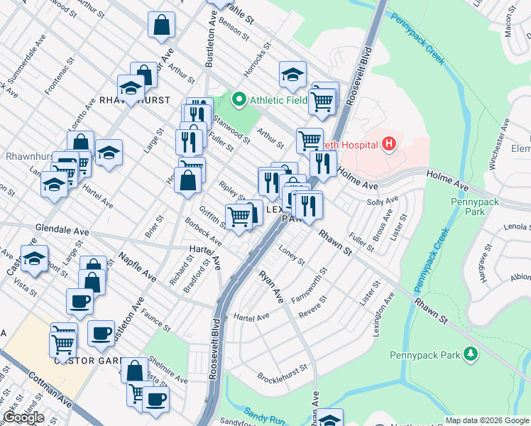 map of restaurants, bars, coffee shops, grocery stores, and more near 7930 Roosevelt Boulevard in Philadelphia