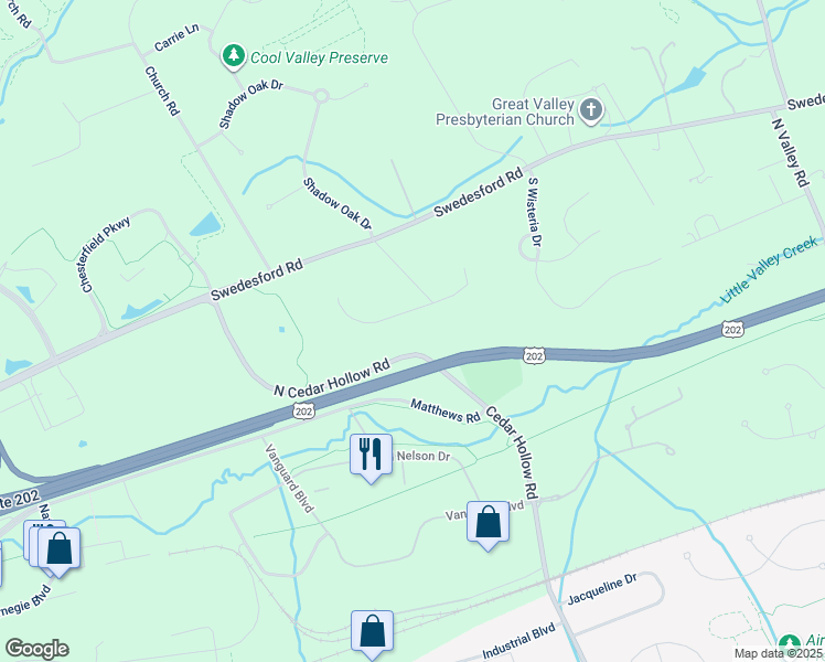map of restaurants, bars, coffee shops, grocery stores, and more near 2324 Pineview Drive in Malvern