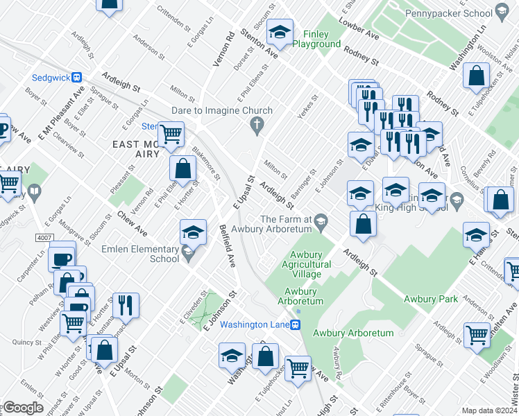 map of restaurants, bars, coffee shops, grocery stores, and more near 1017 East Cliveden Street in Philadelphia