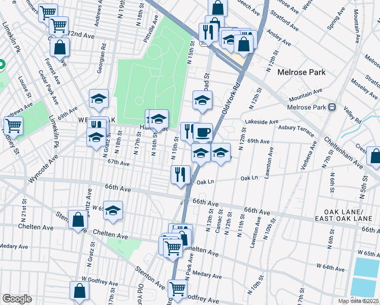 map of restaurants, bars, coffee shops, grocery stores, and more near 6742 North Broad Street in Philadelphia