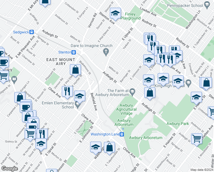 map of restaurants, bars, coffee shops, grocery stores, and more near 1017 East Cliveden Street in Philadelphia