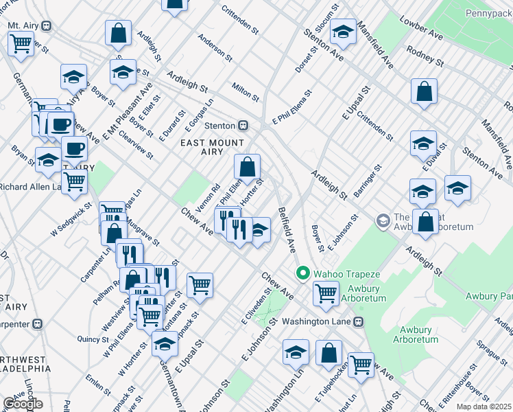 map of restaurants, bars, coffee shops, grocery stores, and more near 415 E Montana St in Philadelphia