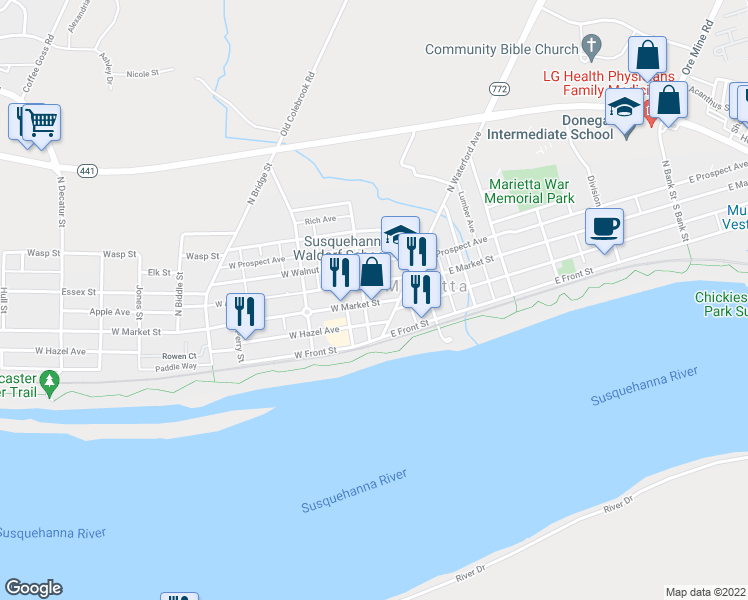 map of restaurants, bars, coffee shops, grocery stores, and more near 32 West Market Street in Marietta