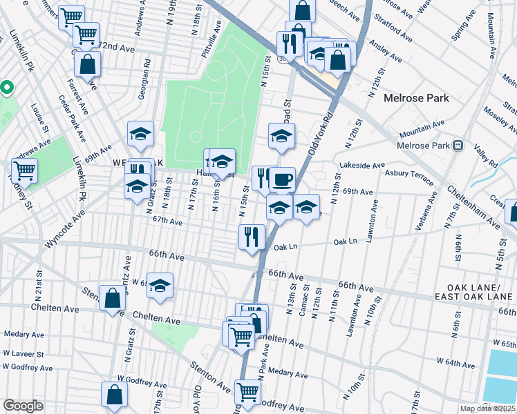 map of restaurants, bars, coffee shops, grocery stores, and more near 1414 68th Avenue in Philadelphia