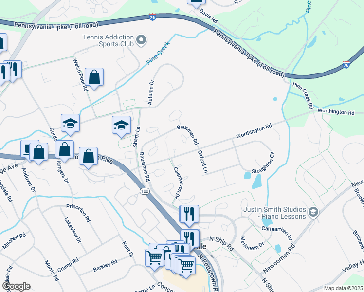 map of restaurants, bars, coffee shops, grocery stores, and more near 125 Pembroke Court in Exton