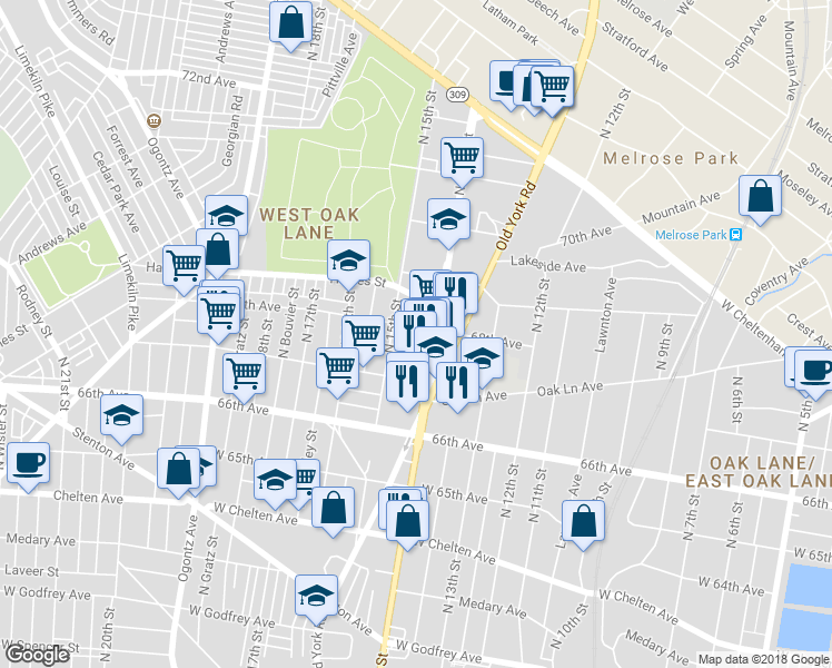 map of restaurants, bars, coffee shops, grocery stores, and more near 1414 68th Avenue in Philadelphia