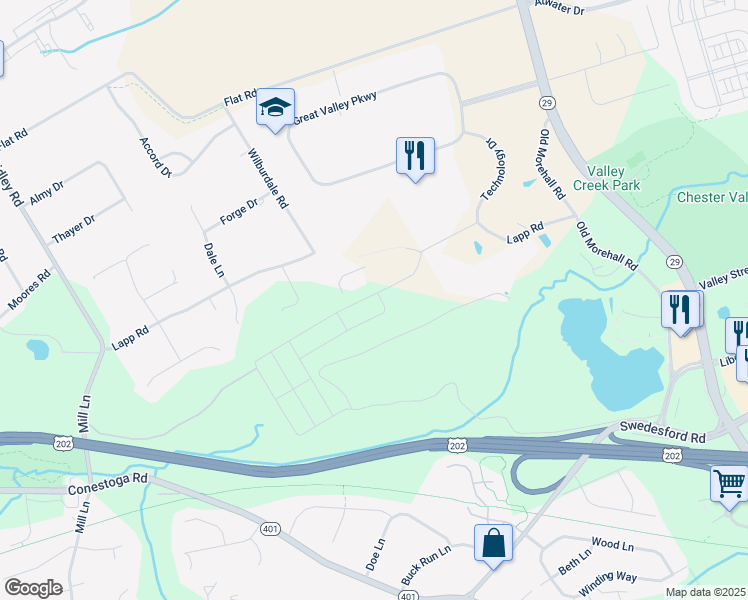 map of restaurants, bars, coffee shops, grocery stores, and more near 278 Lapp Road in Malvern