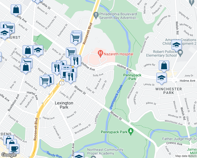 map of restaurants, bars, coffee shops, grocery stores, and more near 8142 Brous Avenue in Philadelphia
