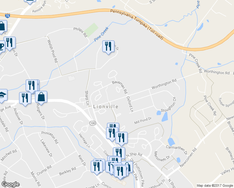 map of restaurants, bars, coffee shops, grocery stores, and more near 125 Pembroke Court in Exton