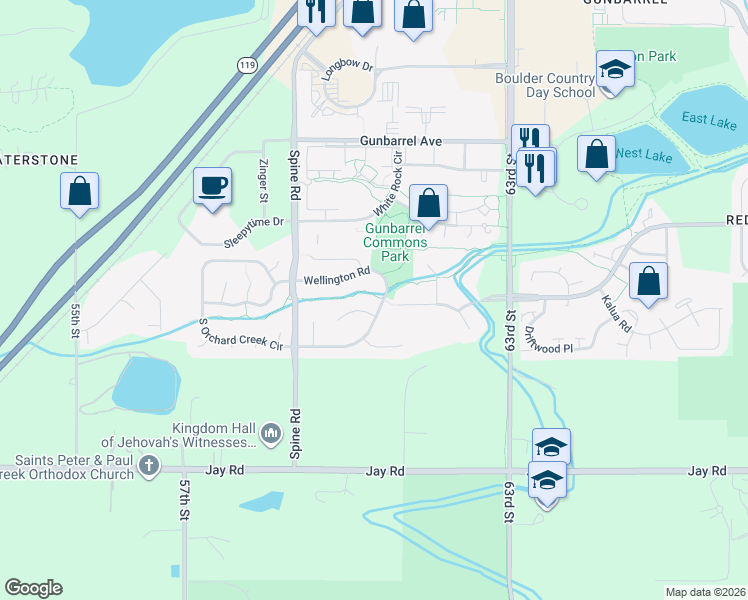 map of restaurants, bars, coffee shops, grocery stores, and more near 6044 Scotswood Court in Boulder