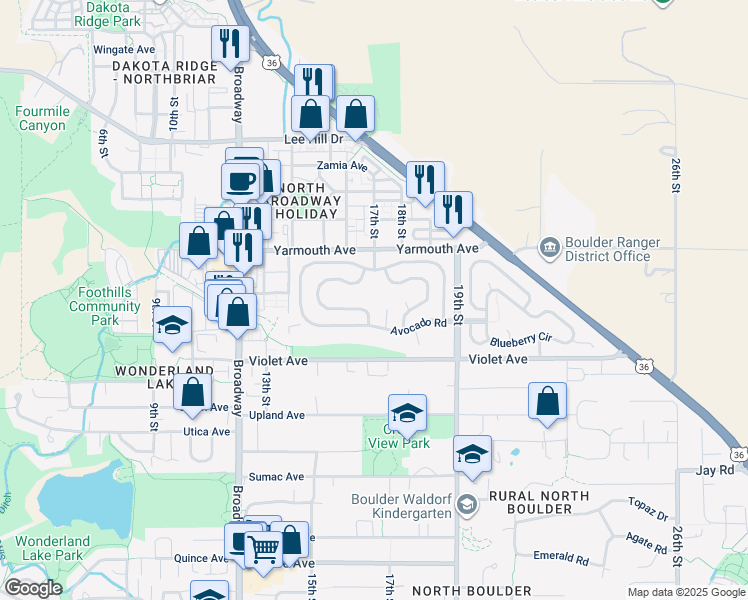 map of restaurants, bars, coffee shops, grocery stores, and more near 441 Peach Court in Boulder