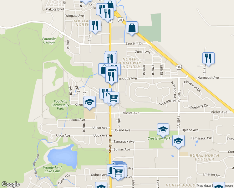 map of restaurants, bars, coffee shops, grocery stores, and more near 4540 Broadway in Boulder