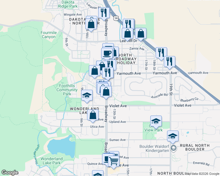 map of restaurants, bars, coffee shops, grocery stores, and more near 4490 Broadway in Boulder