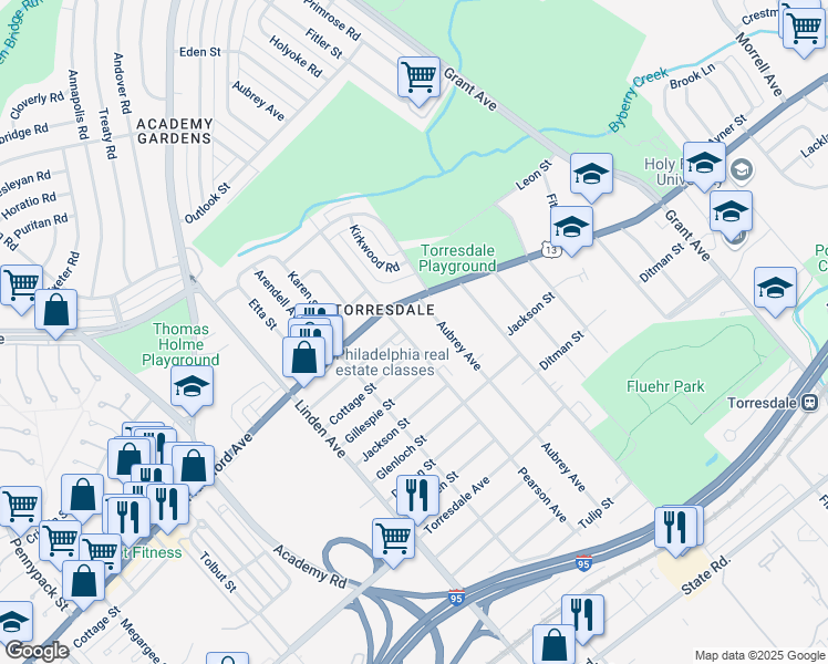 map of restaurants, bars, coffee shops, grocery stores, and more near 4400 Pearson Avenue in Philadelphia