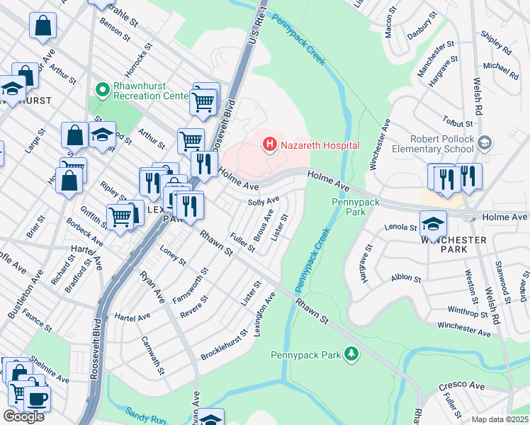 map of restaurants, bars, coffee shops, grocery stores, and more near 8142 Brous Avenue in Philadelphia