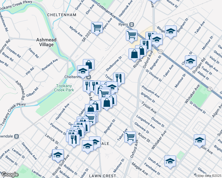 map of restaurants, bars, coffee shops, grocery stores, and more near 433 Longshore Avenue in Philadelphia