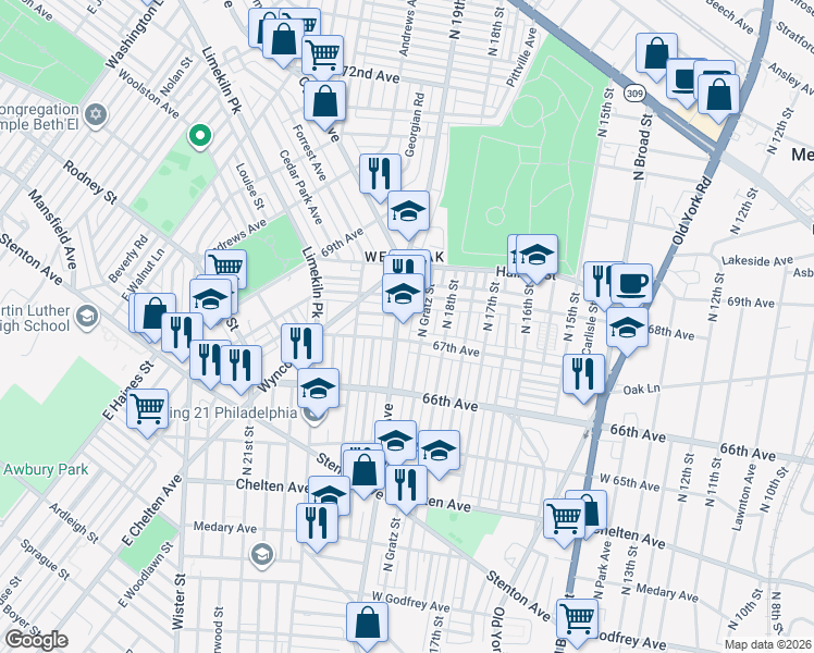 map of restaurants, bars, coffee shops, grocery stores, and more near 1818 67th Avenue in Philadelphia