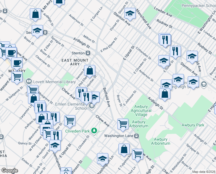 map of restaurants, bars, coffee shops, grocery stores, and more near 500 East Upsal Street in Philadelphia