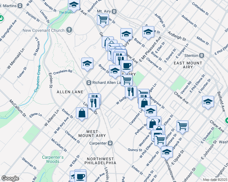 map of restaurants, bars, coffee shops, grocery stores, and more near 7021 Mower Street in Philadelphia