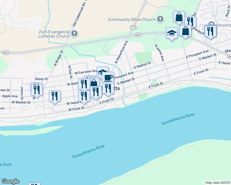 map of restaurants, bars, coffee shops, grocery stores, and more near 116 East Front Street in Marietta