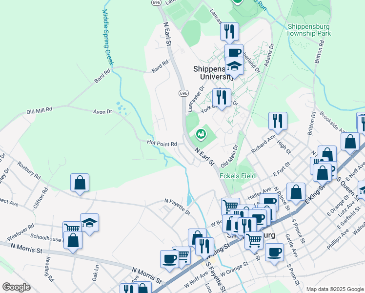 map of restaurants, bars, coffee shops, grocery stores, and more near 44a Middle Spring Avenue in Shippensburg