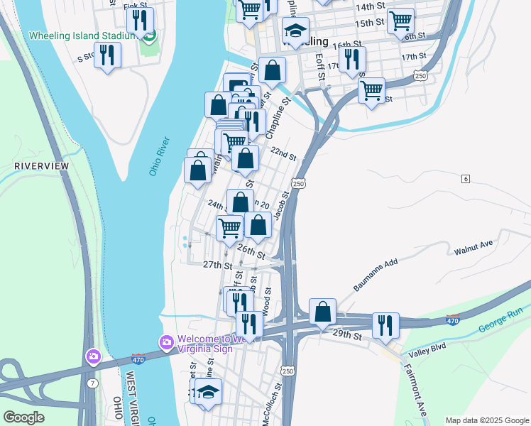 map of restaurants, bars, coffee shops, grocery stores, and more near 73 24th St in Wheeling