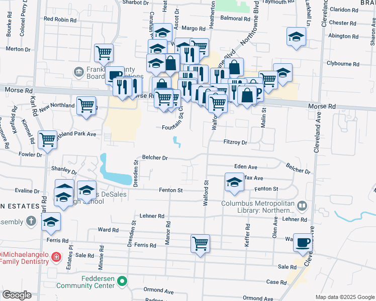 map of restaurants, bars, coffee shops, grocery stores, and more near 4436 Belcher Court in Columbus