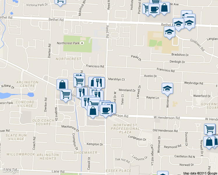 map of restaurants, bars, coffee shops, grocery stores, and more near 4900 Reed Road in Columbus