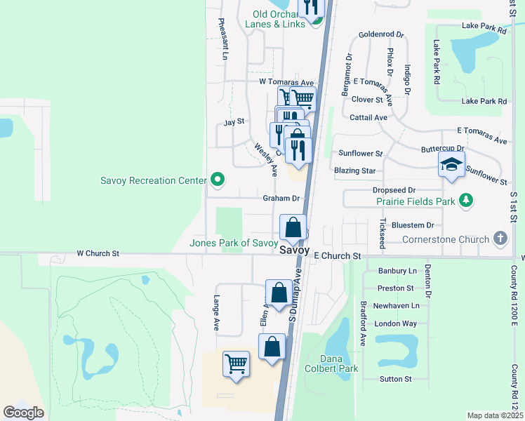 map of restaurants, bars, coffee shops, grocery stores, and more near 208 West Main Street in Savoy