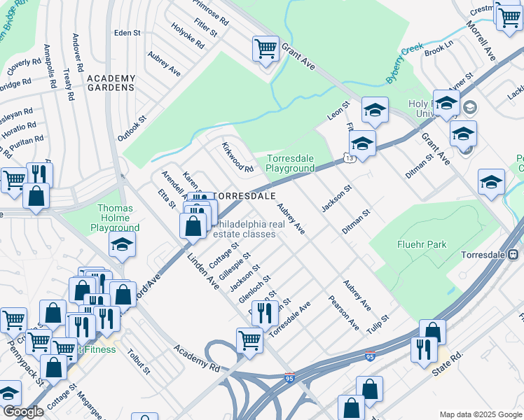 map of restaurants, bars, coffee shops, grocery stores, and more near 4400 Pearson Avenue in Philadelphia