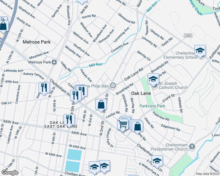 map of restaurants, bars, coffee shops, grocery stores, and more near 7500 Oak Lane Road in Melrose Park