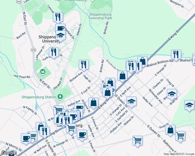 map of restaurants, bars, coffee shops, grocery stores, and more near 351 East Fort Street in Shippensburg