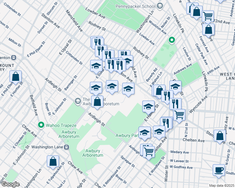 map of restaurants, bars, coffee shops, grocery stores, and more near East Tulpehocken Street in Philadelphia