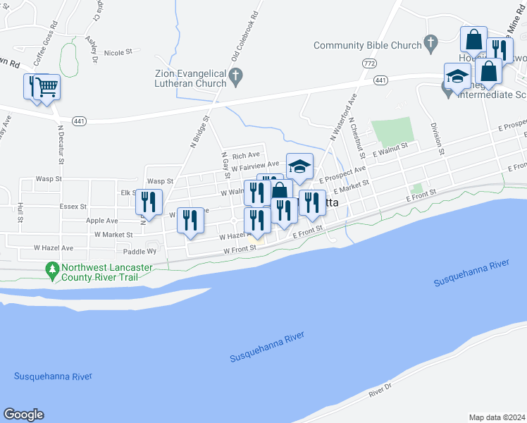 map of restaurants, bars, coffee shops, grocery stores, and more near 122 West Market Street in Marietta