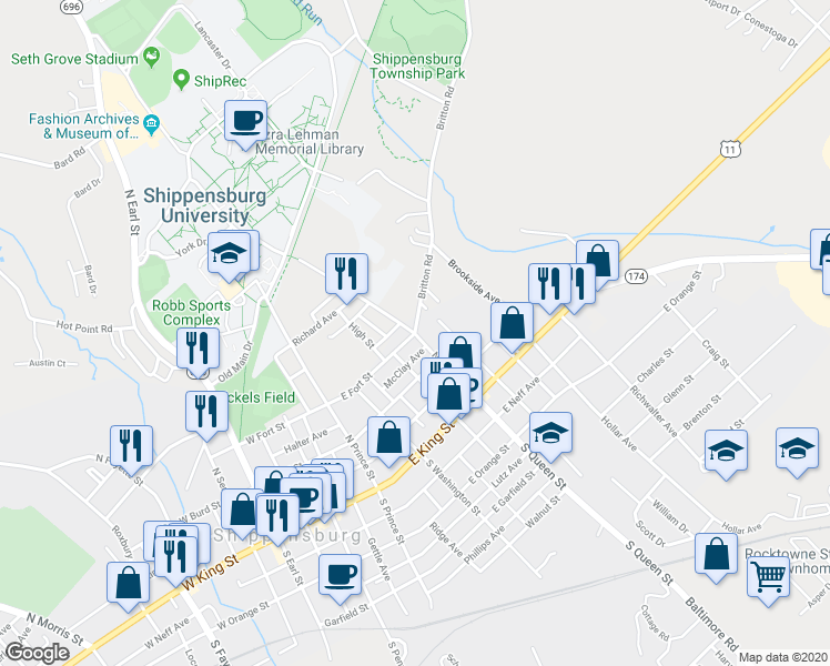 map of restaurants, bars, coffee shops, grocery stores, and more near 0 Britton Road in Shippensburg