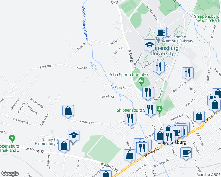 map of restaurants, bars, coffee shops, grocery stores, and more near 100 Hot Point Avenue in Shippensburg