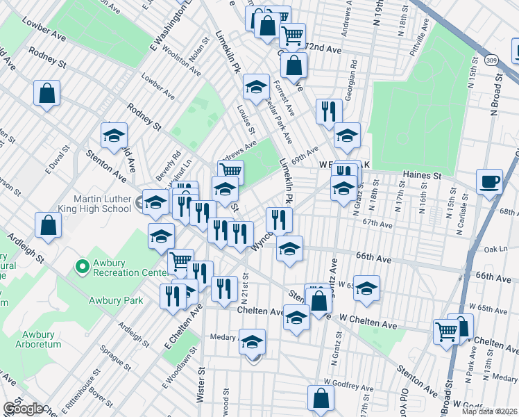 map of restaurants, bars, coffee shops, grocery stores, and more near 2072 Independence Street in Philadelphia