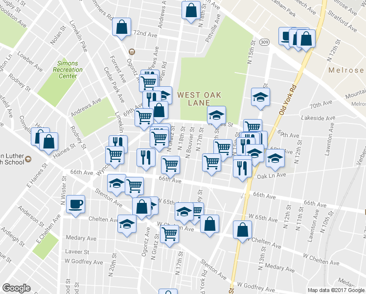 map of restaurants, bars, coffee shops, grocery stores, and more near 6729 North 18th Street in Philadelphia