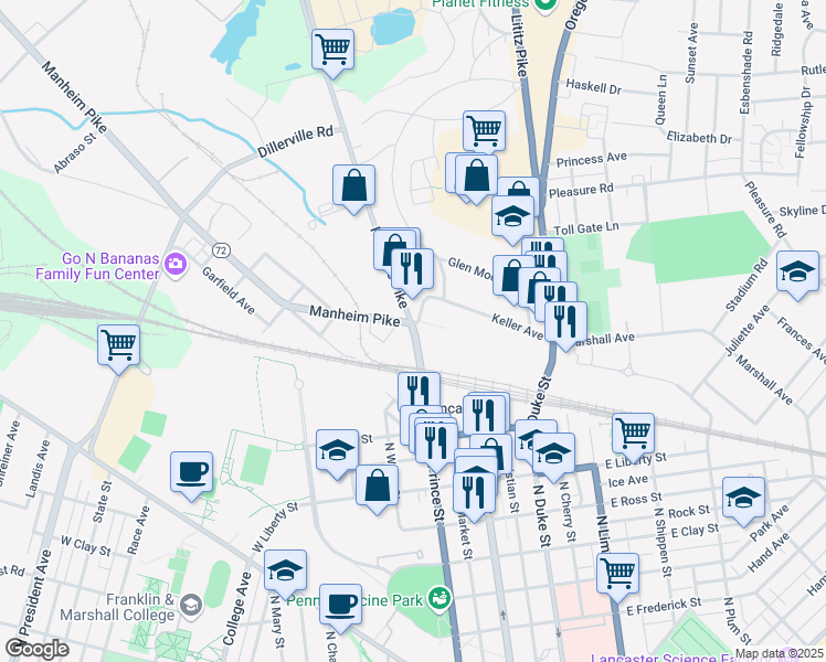map of restaurants, bars, coffee shops, grocery stores, and more near 1398 North Prince Street in Lancaster